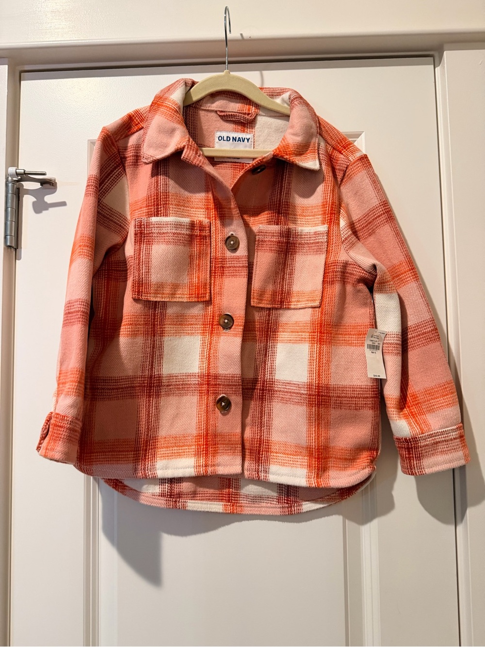 Old Navy Girls' Coral Pink & Orange Plaid Button-Up Shirt Jacket
